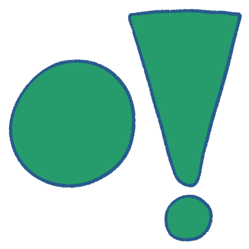 A drawing of a large circle next to a larger exclamation point. Both are green with dark blue outlines.